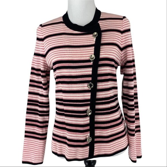 Misook Women's NWT Pink Striped Button Down‎ Long Sleeve Cardigan Sweater XS/C36 - Picture 1 of 10